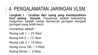 4. PENGALAMATAN JARINGAN VLSM
Langkah 1 : Urutkan dari ruang yang membutuhkan
host paling banyak. Tujuannya adalah Subnetting
fungsinya adalah untuk memecah jaringan menjadi
jaringan yang lebih kecil.
Urutannya adalah :
Ruang Lab 1 = 25 Host
Ruang lab 2 = 12 Host
Ruang Lab 3 = 10 Host
Ruang Guru TKJ = 5 Host
Ruang Server = 2 Host
 