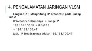 4. PENGALAMATAN JARINGAN VLSM
Langkah 2 : Menghitung IP Broadcast pada Ruang
Lab 2
IP Network Selanjutnya + Range IP
192.168.100.32 + 0.0.0.15
= 192.168.100.47
Jadi, IP Broadcastnya adalah 192.168.100.47
 