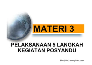 MATERI 3
PELAKSANAAN 5 LANGKAH
  KEGIATAN POSYANDU
              Manjilala | www.gizimu.com
 