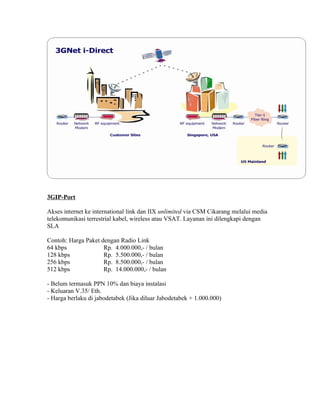 3GIP-Port

Akses internet ke international link dan IIX unlimited via CSM Cikarang melalui media
telekomunikasi terrestrial kabel, wireless atau VSAT. Layanan ini dilengkapi dengan
SLA

Contoh: Harga Paket dengan Radio Link
64 kbps              Rp. 4.000.000,- / bulan
128 kbps             Rp. 5.500.000,- / bulan
256 kbps             Rp. 8.500.000,- / bulan
512 kbps             Rp. 14.000.000,- / bulan

- Belum termasuk PPN 10% dan biaya instalasi
- Keluaran V.35/ Eth.
- Harga berlaku di jabodetabek (Jika diluar Jabodetabek + 1.000.000)
 