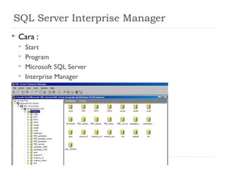 SQL Server Interprise Manager
   Cara :
       Start
       Program
       Microsoft SQL Server
       Interprise Manager




                               7
 