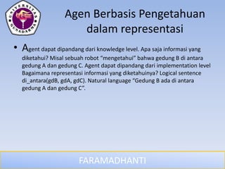 FARAMADHANTI
Agen Berbasis Pengetahuan
dalam representasi
• Agent dapat dipandang dari knowledge level. Apa saja informasi yang
diketahui? Misal sebuah robot “mengetahui” bahwa gedung B di antara
gedung A dan gedung C. Agent dapat dipandang dari implementation level
Bagaimana representasi informasi yang diketahuinya? Logical sentence
di_antara(gdB, gdA, gdC). Natural language “Gedung B ada di antara
gedung A dan gedung C”.
 