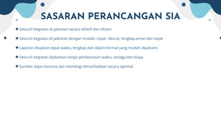 SASARAN PERANCANGAN SIA
●Seluruh Kegiatan di jalankan secara efektif dan efisien
●Seluruh kegiatan di jalankan dengan mudah, cepat. Akurat, lengkap,aman dan tepat
●Laporan disajikan tepat waktu, lengkap dan dalam format yang mudah dipahami
●Seluruh kegiatan dijalankan tanpa pemborosan waktu, tenaga dan biaya
●Sumber daya manusia dan teknologi dimanfaatkan secara optimal
 