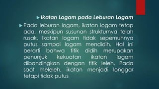  Ikatan
 Pada

Logam pada Leburan Logam

leburan logam, ikatan logam tetap
ada, meskipun susunan strukturnya telah
rusak. Ikatan logam tidak sepernuhnya
putus sampai logam mendidih. Hal ini
berarti bahwa titik didih merupakan
penunjuk
kekuatan
ikatan
logam
dibandingkan dengan titik leleh. Pada
saat meleleh, ikatan menjadi longgar
tetapi tidak putus

 