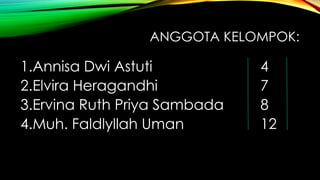 ANGGOTA KELOMPOK:

1.Annisa Dwi Astuti
2.Elvira Heragandhi
3.Ervina Ruth Priya Sambada
4.Muh. Faldlyllah Uman

4
7
8
12

 