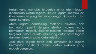 Ikatan yang mungkin terbentuk antar atom logam
dinamakan ikatan logam. Ikatan logam memiliki ciri
khas tersendiri yang berbeda dengan ikatan ion dan
ikatan kovalen.
Atom logam cenderung melepas elektron dan
bermuatan positif dengan elektron valensi yang
bermuatan negatif. Elektron-elektron tersebut dapat
bergerak bebas di sela-sela ruang antar atom logam
dan membentuk suatu lautan elektron.
Jadi kristal logam terdiri dari kumpulan ion logam
bermuatan positif di dalam lautan elektron yang
mudah bergerak.

 