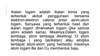 Ikatan logam adalah ikatan kimia yang
terbentuk
akibat
penggunaan
bersama
elektron-elektron valensi antar atom-atom
logam. Senyawa yang terbentuk hasil dari
ikatan logam dinamakan logam (jika semua
atom adalah sama). Misalnya:Dalam logam
tembaga, atom tembaga dikelilingi 12 atom
tembaga ( yang berikatan) atau aloi(jika
terdapat atom-atom yang berbeda) misalnya
atom logam Be dan Cu membentuk baja.

 
