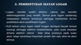 2. PEMBENTUKAN IKATAN LOGAM
• Logam memiliki sedikit elektron valensi dan memiliki
elektronegativitas yang rendah. Semua jenis logam cenderung
melepaskan elektron terluarnya sehingga membentuk ion-ion
positif/atom-atom positif/kation logam.
• Kulit terluar unsur logam relatif longgar (terdapat banyak tempat
kosong) sehingga elektron terdelokalisasi, yaitu suatu keadaan
dimana elektron valensi
tidak tetap posisinya pada suatu
atom, tetapi senantiasa berpindah pindah dari satu atom ke atom
lainnya.

 
