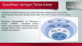 Spesifikasi Jaringan Tanpa Kabel
SLIDE 11
beberapa spesifikasi teknologi yang dapat digunakan sebagai dasar acuan dalam
pembangunan infrastruktur jaringan tanpa kabel, baik indoor ataupun outdoor, bahkan
MAN
Worldwide Interoperability for Microwave
Access (WiMAX) merupakan standar
industri yang bertugas menginterkoneksikan
berbagai standar teknis yang bersifat global
menjadi satu kesatuan
 