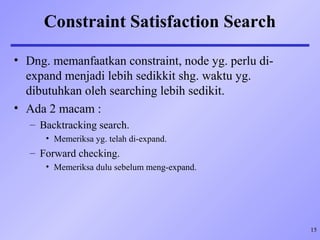 15
Constraint Satisfaction Search
• Dng. memanfaatkan constraint, node yg. perlu di-
expand menjadi lebih sedikkit shg. waktu yg.
dibutuhkan oleh searching lebih sedikit.
• Ada 2 macam :
– Backtracking search.
• Memeriksa yg. telah di-expand.
– Forward checking.
• Memeriksa dulu sebelum meng-expand.
 