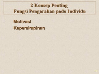 1-2
2 Konsep Penting2 Konsep Penting
Fungsi Pengarahan pada IndividuFungsi Pengarahan pada Individu
MotivasiMotivasi
Kepem...