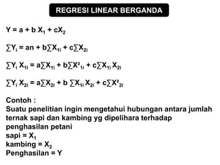 Y = a + b X1 + cX2
∑Yi = an + b∑X1i + c∑X2i
∑Yi X1i = a∑X1i + b∑X²1i + c∑X1i X2i
∑Yi X2i = a∑X2i + b ∑X1i X2i + c∑X²2i
Contoh :
Suatu penelitian ingin mengetahui hubungan antara jumlah
ternak sapi dan kambing yg dipelihara terhadap
penghasilan petani
sapi = X1
kambing = X2
Penghasilan = Y
REGRESI LINEAR BERGANDA
 