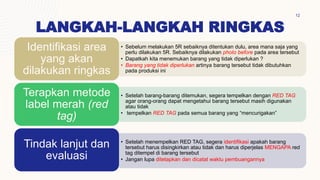 LANGKAH-LANGKAH RINGKAS
12
• Sebelum melakukan 5R sebaiknya ditentukan dulu, area mana saja yang
perlu dilakukan 5R. Sebaiknya dilakukan photo before pada area tersebut
• Dapatkah kita menemukan barang yang tidak diperlukan ?
• Barang yang tidak diperlukan artinya barang tersebut tidak dibutuhkan
pada produksi ini
Identifikasi area
yang akan
dilakukan ringkas
• Setelah barang-barang ditemukan, segera tempelkan dengan RED TAG
agar orang-orang dapat mengetahui barang tersebut masih digunakan
atau tidak
• tempelkan RED TAG pada semua barang yang “mencurigakan”
Terapkan metode
label merah (red
tag)
• Setelah menempelkan RED TAG, segera identifikasi apakah barang
tersebut harus disingkirkan atau tidak dan harus diperjelas MENGAPA red
tag ditempel di barang tersebut
• Jangan lupa ditetapkan dan dicatat waktu pembuangannya
Tindak lanjut dan
evaluasi
 