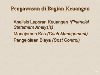 1-10
Pengawasan di Bagian KeuanganPengawasan di Bagian Keuangan
Analisis Laporan KeuanganAnalisis Laporan Keuangan (Financial(Financial
Statement Analysis)Statement Analysis)
Manajemen KasManajemen Kas (Cash Management)(Cash Management)
Pengelolaan BiayaPengelolaan Biaya (Cost Control)(Cost Control)
 