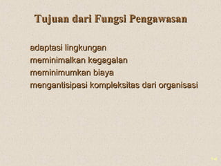 1-4
Tujuan dari Fungsi PengawasanTujuan dari Fungsi Pengawasan
adaptasi lingkunganadaptasi lingkungan
meminimalkan kegagalanmeminimalkan kegagalan
meminimumkan biayameminimumkan biaya
mengantisipasi kompleksitas dari organisasimengantisipasi kompleksitas dari organisasi
 