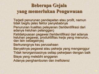1-6
Beberapa GejalaBeberapa Gejala
yang memerlukan Pengawasanyang memerlukan Pengawasan
Terjadi penurunan pendapatan atau profit, namunTerjadi penurunan pendapatan atau profit, namun
tidak begitu jelas faktor penyebabnyatidak begitu jelas faktor penyebabnya
Penurunan kualitas pelayanan (teridentifikasi dariPenurunan kualitas pelayanan (teridentifikasi dari
adanya keluhan pelanggan)adanya keluhan pelanggan)
Ketidakpuasan pegawai (teridentifikasi dari adanyaKetidakpuasan pegawai (teridentifikasi dari adanya
keluhan pegawai, produktifitas kerja yang menurun,keluhan pegawai, produktifitas kerja yang menurun,
dan lain sebagainya)dan lain sebagainya)
Berkurangnya kas perusahaanBerkurangnya kas perusahaan
Banyaknya pegawai atau pekerja yang menganggurBanyaknya pegawai atau pekerja yang menganggur
Tidak terorganisasinya setiap pekerjaan dengan baikTidak terorganisasinya setiap pekerjaan dengan baik
Biaya yang melebihi anggaranBiaya yang melebihi anggaran
Adanya penghamburan dan inefisiensiAdanya penghamburan dan inefisiensi
 