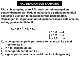 RAL DENGAN SUB SAMPLING
RAL sub sampling atau RAL anak contoh merupakan
pengembangan dari RAL di mana setiap perlakuan yg diuji
dan setiap ulangan terdapat beberapa pengamatan.
Rancangan ini digunakan untuk memperbanyak data amatan
sehingga akan lebih teliti
Yijk = μ + Τi +δij + εijk
i = 1,2 ……t
j = 1,2 ……r
k = 1,2 …..m
Yijk = pengamatan pada perlakuan ke i ulangan ke j anak
contoh ke k
μ = nilai tengah umum
Τi = pengaruh perlakuan ke i
δij = galat percobaan pada perlakuan ke i ulangan ke j
 