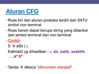 Aturan CFG
• Ruas kiri dari aturan produksi terdiri dari SATU
simbol non terminal
• Ruas kanan dapat berupa string yang dibentuk
dari simbol terminal dan non terminal
• Contoh
S  aSb | 
Kalimat2 yg dihasilkan : , ab, aabb, aaabbb,
….,an bn
• Tanda  dibaca “diturunkan menjadi”
 