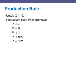 Production Rule
• Untuk  = {0,1}
• Production Rule Palindromnya:
P  
P  0
P  1
P  0P0
P  1P1
 