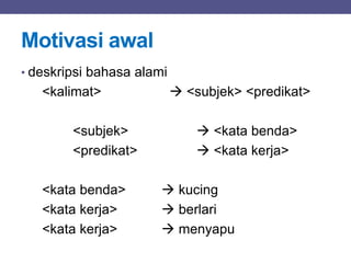 Motivasi awal
• deskripsi bahasa alami
<kalimat>  <subjek> <predikat>
<subjek>  <kata benda>
<predikat>  <kata kerja>
<kata benda>  kucing
<kata kerja>  berlari
<kata kerja>  menyapu
 
