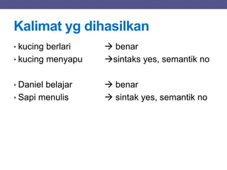 Kalimat yg dihasilkan
• kucing berlari  benar
• kucing menyapu sintaks yes, semantik no
• Daniel belajar  benar
• Sapi menulis  sintak yes, semantik no
 