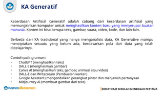 DIREKTORAT SEKOLAH MENENGAH PERTAMA
KA Generatif
Kecerdasan Artifisial Generatif adalah cabang dari kecerdasan artifisial yang
memungkinkan komputer untuk menghasilkan konten baru yang menyerupai buatan
manusia. Konten ini bisa berupa teks, gambar, suara, video, kode, dan lain-lain.
Berbeda dari KA tradisional yang hanya menganalisis data, KA Generative mampu
menciptakan sesuatu yang belum ada, berdasarkan pola dari data yang telah
dipelajarinya.
Contoh paling umum:
• ChatGPT (menghasilkan teks)
• DALL·E (menghasilkan gambar)
• Canva AI (menghasilkan teks, gambar, animasi atau video)
• DALL-E dan Writecream (Pembuatan konten)
• Google Assistant (mengendalikan perangkat pintar dan menjawab pertanyaan
• Midjourney AI (membuat gambar dari teks)
 