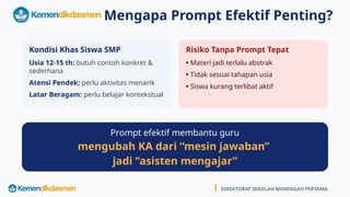 Kondisi Khas Siswa SMP
Usia 12-15 th: butuh contoh konkret &
sederhana
Atensi Pendek: perlu aktivitas menarik
Latar Beragam: perlu belajar kontekstual
Risiko Tanpa Prompt Tepat
• Materi jadi terlalu abstrak
• Tidak sesuai tahapan usia
• Siswa kurang terlibat aktif
Prompt efektif membantu guru
mengubah KA dari “mesin jawaban”
jadi “asisten mengajar”
DIREKTORAT SEKOLAH MENENGAH PERTAMA
Mengapa Prompt Efektif Penting?
 