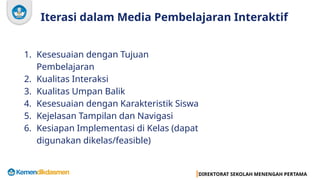 DIREKTORAT SEKOLAH MENENGAH PERTAMA
Iterasi dalam Media Pembelajaran Interaktif
1. Kesesuaian dengan Tujuan
Pembelajaran
2. Kualitas Interaksi
3. Kualitas Umpan Balik
4. Kesesuaian dengan Karakteristik Siswa
5. Kejelasan Tampilan dan Navigasi
6. Kesiapan Implementasi di Kelas (dapat
digunakan dikelas/feasible)
 