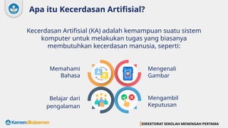 DIREKTORAT SEKOLAH MENENGAH PERTAMA
Apa itu Kecerdasan Artifisial?
Kecerdasan Artifisial (KA) adalah kemampuan suatu sistem
komputer untuk melakukan tugas yang biasanya
membutuhkan kecerdasan manusia, seperti:
Memahami
Bahasa
Belajar dari
pengalaman
Mengenali
Gambar
Mengambil
Keputusan
 