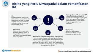 DIREKTORAT SEKOLAH MENENGAH PERTAMA
Risiko yang Perlu Diwaspadai dalam Pemanfaatan
KA
Bias
Bias adalah ketika sesuatu jadi
tidak adil atau berat sebelah. Bias
dalam KA terjadi saat KA belajar
dari data yang tidak seimbang,
sehingga hasilnya cenderung
memihak atau salah.
Plagiarisme
Terjadinya pelanggaran
integritas akademis sebagai
akibat dari penggunaan KA.
Kebocoran dan penyalahgunaan data pribadi
KA memerlukan data pribadi dalam jumlah besar,
sehingga risiko kebocoran atau penyalahgunaan data
meningkat. Hal ini dapat mengancam privasi dan
keamanan pengguna secara serius, yang bisa berujung
pada kasus merugikan seperti penipuan pinjaman daring,
penyadapan ponsel, dll.
Halusinasi
Halusinasi KA merujuk pada
fenomena di mana sistem KA
menghasilkan informasi yang
tidak akurat, menyesatkan, atau
sepenuhnya fiktif.
01
02
03
04
05
Ketergantungan/kecanduan KA
Terlalu sering menggunakan KA
membuat seseorang kurang berpikir
kritis, kurang kreatif, dan jarang
berinteraksi sosial karena terlalu
bergantung pada kemudahan
teknologi.
!
 