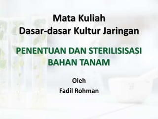 Oleh
Fadil Rohman
PENENTUAN DAN STERILISISASI
BAHAN TANAM
Mata Kuliah
Dasar-dasar Kultur Jaringan
 