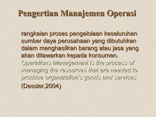 1-2
Pengertian Manajemen OperasiPengertian Manajemen Operasi
rangkaian proses pengelolaan keseluruhanrangkaian proses peng...