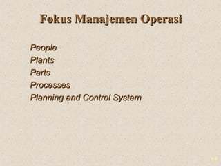 1-3
Fokus Manajemen OperasiFokus Manajemen Operasi
PeoplePeople
PlantsPlants
PartsParts
ProcessesProcesses
Planning and Co...