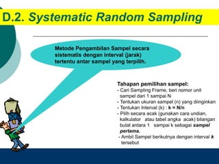 Design by Isroi@2004
20
D.2. Systematic Random Sampling
Metode Pengambilan Sampel secara
sistematis dengan interval (jarak)
tertentu antar sampel yang terpilih.
Tahapan pemilihan sampel:
- Cari Sampling Frame, beri nomor unit
sampel dari 1 sampai N
- Tentukan ukuran sampel (n) yang diinginkan
- Tentukan Interval (k) : k = N/n
- Pilih secara acak (gunakan cara undian,
kalkulator atau tabel angka acak) bilangan
bulat antara 1 sampai k sebagai sampel
pertama.
- Ambil Sampel berikutnya dengan interval k
tersebut
 