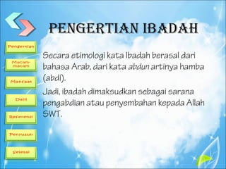 Pengertian ibadah
Secara etimologi kata Ibadah berasal dari
bahasa Arab, dari kata abdun artinya hamba
(abdi).
Jadi, ibadah dimaksudkan sebagai sarana
pengabdian atau penyembahan kepada Allah
SWT.
 