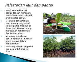 1) Melakukan reklamasi
pantai dengan menanam
kembali tanaman bakau di
areal sekitar pantai.
2) Melarang pengambilan
batu karang yang ada di
sekitar pantai maupun di
dasar laut, karena karang
merupakan habitat ikan
dan tanaman laut.
3) Melarang pemakaian
bahan peledak dan bahan
kimia lainnya dalam
mencari ikan.
4) Melarang pemakaian pukat
harimau untuk mencari
ikan.
 