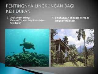 3. Lingkungan sebagai
Wahana/Tempat bagi Kelanjutan
Kehidupan
4. Lingkungan sebagai Tempat
Tinggal (Habitat)
 