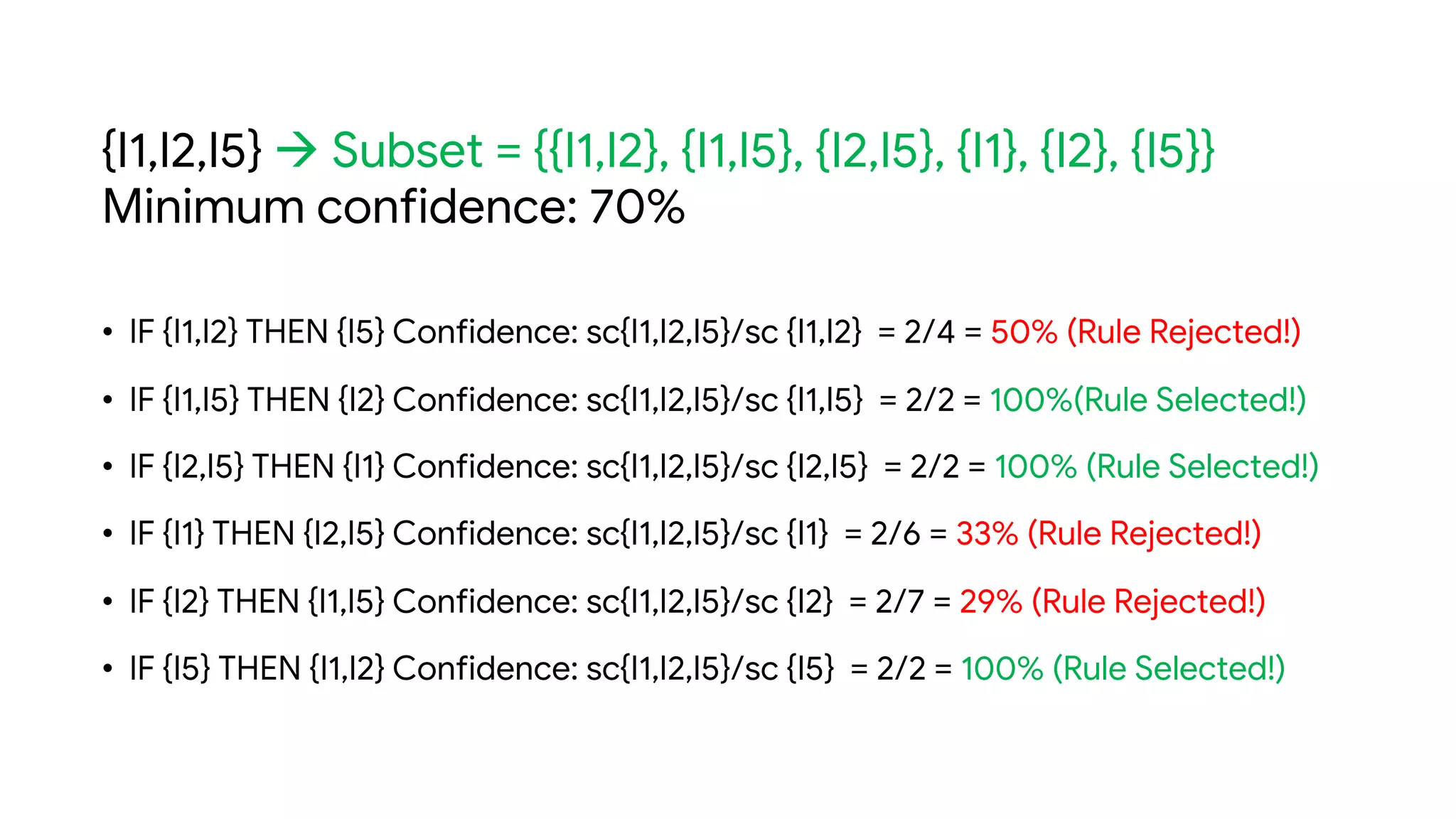 {I1,I2,I5} à Subset = {{I1,I2}, {I1,I5}, {I2,I5}, {I1}, {I2}, {I5}}
Minimum confidence: 70%
• IF {I1,I2} THEN {I5} Confidence: sc{I1,I2,I5}/sc {I1,I2} = 2/4 = 50% (Rule Rejected!)
• IF {I1,I5} THEN {I2} Confidence: sc{I1,I2,I5}/sc {I1,I5} = 2/2 = 100%(Rule Selected!)
• IF {I2,I5} THEN {I1} Confidence: sc{I1,I2,I5}/sc {I2,I5} = 2/2 = 100% (Rule Selected!)
• IF {I1} THEN {I2,I5} Confidence: sc{I1,I2,I5}/sc {I1} = 2/6 = 33% (Rule Rejected!)
• IF {I2} THEN {I1,I5} Confidence: sc{I1,I2,I5}/sc {I2} = 2/7 = 29% (Rule Rejected!)
• IF {I5} THEN {I1,I2} Confidence: sc{I1,I2,I5}/sc {I5} = 2/2 = 100% (Rule Selected!)
 