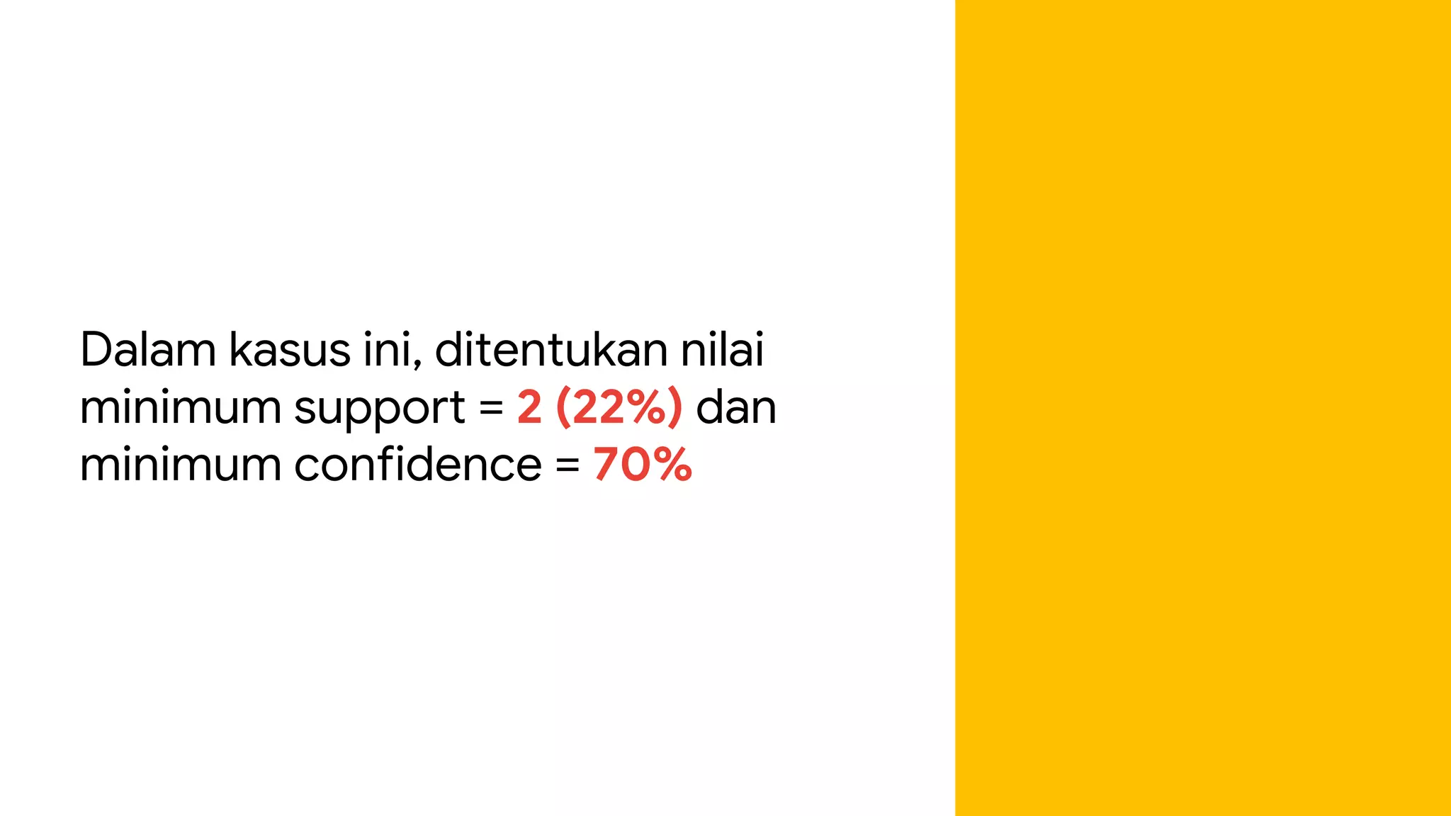 Dalam kasus ini, ditentukan nilai
minimum support = 2 (22%) dan
minimum confidence = 70%
 