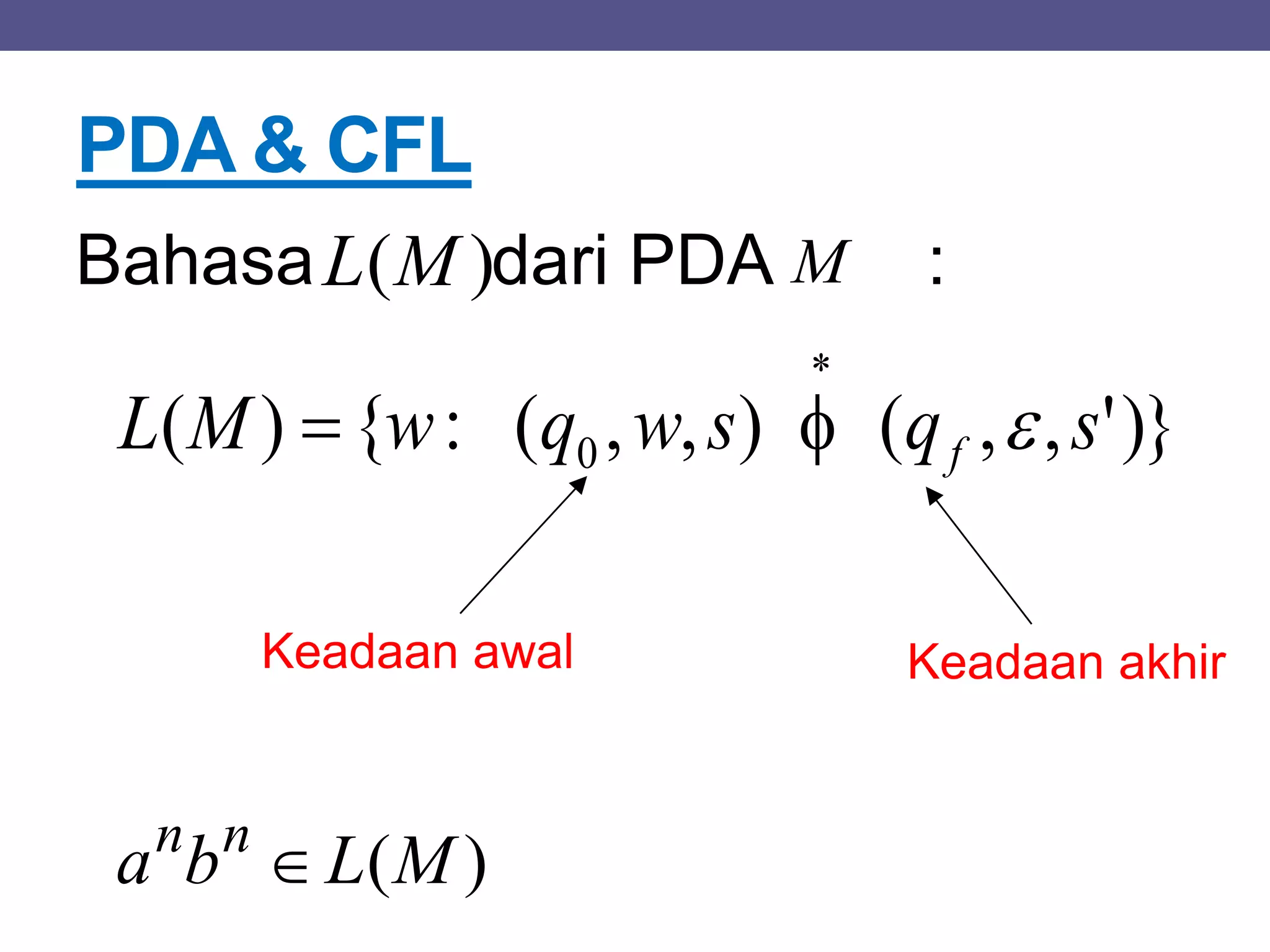 PDA & CFL
Bahasa dari PDA :M
)}',,(),,(:{)( 0 sqswqwML f 

 
Keadaan awal Keadaan akhir
)(ML
)(MLba nn

 