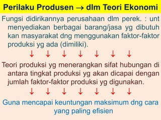 Perilaku Produsen  dlm Teori Ekonomi 
Fungsi didirikannya perusahaan dlm perek. : unt 
menyediakan berbagai barang/jasa yg dibutuh 
kan masyarakat dng menggunakan faktor-faktor 
produksi yg ada (dimiliki). 
       
Teori produksi yg menerangkan sifat hubungan di 
antara tingkat produksi yg akan dicapai dengan 
jumlah faktor-faktor produksi yg digunakan. 
       
Guna mencapai keuntungan maksimum dng cara 
yang paling efisien 
 