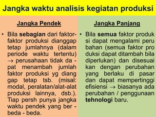 Jangka waktu analisis kegiatan produksi 
Jangka Pendek 
• Bila sebagian dari faktor-faktor 
produksi dianggap 
tetap jumlahnya (dalam 
periode waktu tertentu) 
 perusahaan tidak da - 
pat menambah jumlah 
faktor produksi yg diang 
gap tetap tsb. (misal: 
modal, peralatan/alat-alat 
produksi lainnya, dsb.). 
Tiap persh punya jangka 
waktu pendek yang ber - 
beda - beda. 
Jangka Panjang 
• Bila semua faktor produk 
si dapat mengalami peru 
bahan (semua faktor pro 
duksi dapat ditambah bila 
diperlukan) dan disesuai 
kan dengan perubahan 
yang berlaku di pasar 
dan dapat mempertinggi 
efisiensi  biasanya ada 
perubahan / penggunaan 
tehnologi baru. 
 