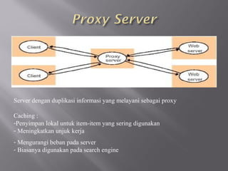 Server dengan duplikasi informasi yang melayani sebagai proxy

Caching :
-Penyimpan lokal untuk item-item yang sering digunakan
- Meningkatkan unjuk kerja
- Mengurangi beban pada server
- Biasanya digunakan pada search engine
 