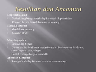 Mode pemakaian
  Variasi yang beragam terhadap karakteristik pemakaian
   Contoh : berapa banyak halaman di kunjungi
Masalah Internal
 Masalah concurrency
  Masalah clock

Mode kegagalan
  Lingkungan Sistem
   Sistem terdistribusi harus mengakomodasi heterogenitas hardware,
   sistem operasi dan jaringan
   Contoh : berapa banyak versi SO?
Ancaman Eksternal
  Serangan terhadap kesatuan data dan keamanannya
 