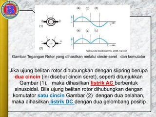 Gambar Tegangan Rotor yang dihasilkan melalui cincin-seret dan komutator
Jika ujung belitan rotor dihubungkan dengan slipring berupa
dua cincin (ini disebut cincin seret), seperti ditunjukkan
Gambar (1), maka dihasilkan listrik AC berbentuk
sinusoidal. Bila ujung belitan rotor dihubungkan dengan
komutator satu cincin Gambar (2) dengan dua belahan,
maka dihasilkan listrik DC dengan dua gelombang positip
 