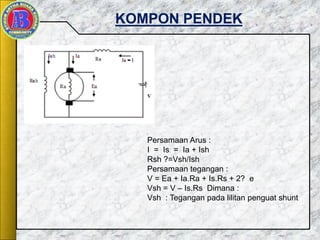 KOMPON PENDEK
Persamaan Arus :
I = Is = Ia + Ish
Rsh ?=Vsh/Ish
Persamaan tegangan :
V = Ea + Ia.Ra + Is.Rs + 2? e
Vsh = V – Is.Rs Dimana :
Vsh : Tegangan pada lilitan penguat shunt
 