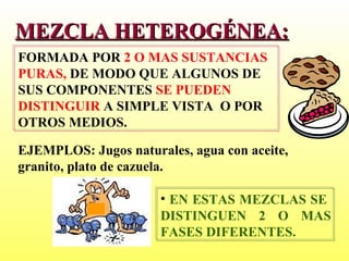 MEZCLA HETEROGÉNEA:
FORMADA POR 2 O MAS SUSTANCIAS
PURAS, DE MODO QUE ALGUNOS DE
SUS COMPONENTES SE PUEDEN
DISTINGUIR A SIMPLE VISTA O POR
OTROS MEDIOS.

EJEMPLOS: Jugos naturales, agua con aceite,
granito, plato de cazuela.

                      • EN ESTAS MEZCLAS SE
                      DISTINGUEN 2 O MAS
                      FASES DIFERENTES.
 