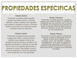 Estado Solido
   Presentan el estado solidó aquellos                      Estado Gaseoso
   cuerpos que tienen forma y volumen             Presentan el estado gaseoso, aquellos
                                               cuerpos que toman la forma y volumen del
 definido o propio, resisten a los agentes      recipiente que los contiene, por lo mismo
que tienden a cambiar su forma y volumen,      no resisten a los agentes que cambian su
 debido a que entre sus moléculas existe         forma y volumen, esto de debe a que la
       una gran fuerza de atracción.             fuerza de atracción entre sus moléculas
                                                           es muy pequeña en.

               Estado liquido                                Estado Plasma
    Presentan el estado liquido aquellos         Es la menos común para la experiencia
   cuerpos que tienen volumen propio o           cotidiana, puede considerarse como el
                                                    estado normal de la materia en el
     definido, que adoptan la forma del          universo, el sol, las estrellas y materia
 recipiente que los contiene, resisten a los     intergaláctica, si el vapor se calienta a
agentes que tienden a cambiar su volumen         temperaturas superiores a 2000oC los
  pero no así a los agentes que tienden a       átomos se disocian formando un gas de
                                               electrones libres y núcleos puros llamados
  cambiar su forma, esto debido a que la                        PLASMA.
 fuerza de atracción y fuerza de repulsión
    entre moléculas son muy parecidas.
 