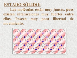 ESTADO SÓLIDO:
     Las moléculas están muy juntas, pues
existen interacciones muy fuertes entre
ellas. Poseen muy poca libertad de
movimiento.
 