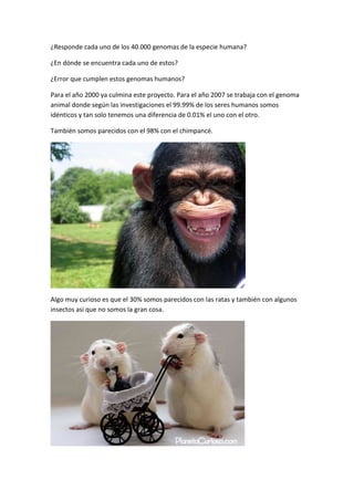 ¿Responde cada uno de los 40.000 genomas de la especie humana?
¿En dónde se encuentra cada uno de estos?
¿Error que cumplen estos genomas humanos?
Para el año 2000 ya culmina este proyecto. Para el año 2007 se trabaja con el genoma
animal donde según las investigaciones el 99.99% de los seres humanos somos
idénticos y tan solo tenemos una diferencia de 0.01% el uno con el otro.
También somos parecidos con el 98% con el chimpancé.
Algo muy curioso es que el 30% somos parecidos con las ratas y también con algunos
insectos asi que no somos la gran cosa.
 